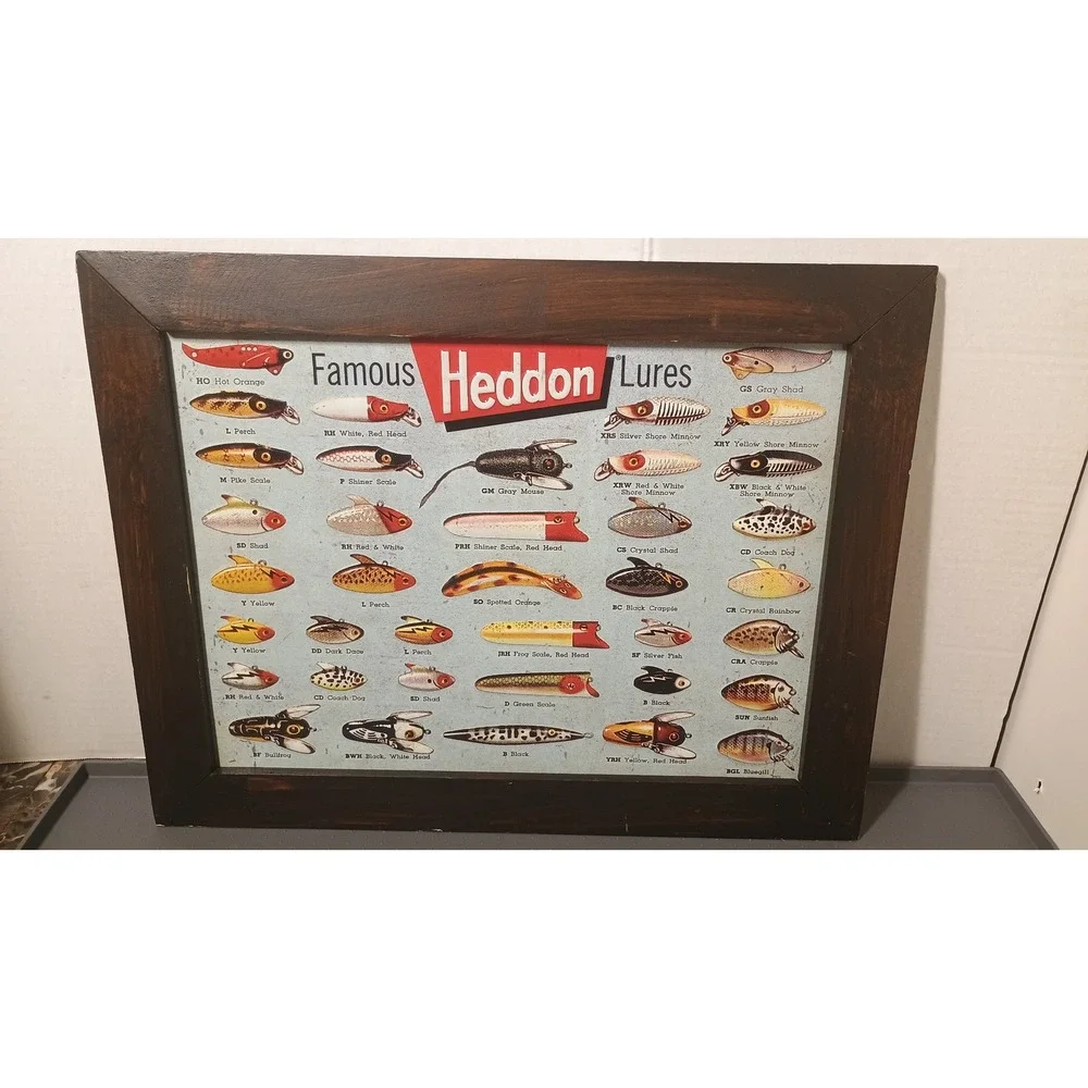 Heddon Lures Metal Wall Decor 17x13.5 Brown Excellent Framed Tin Art 1129857
